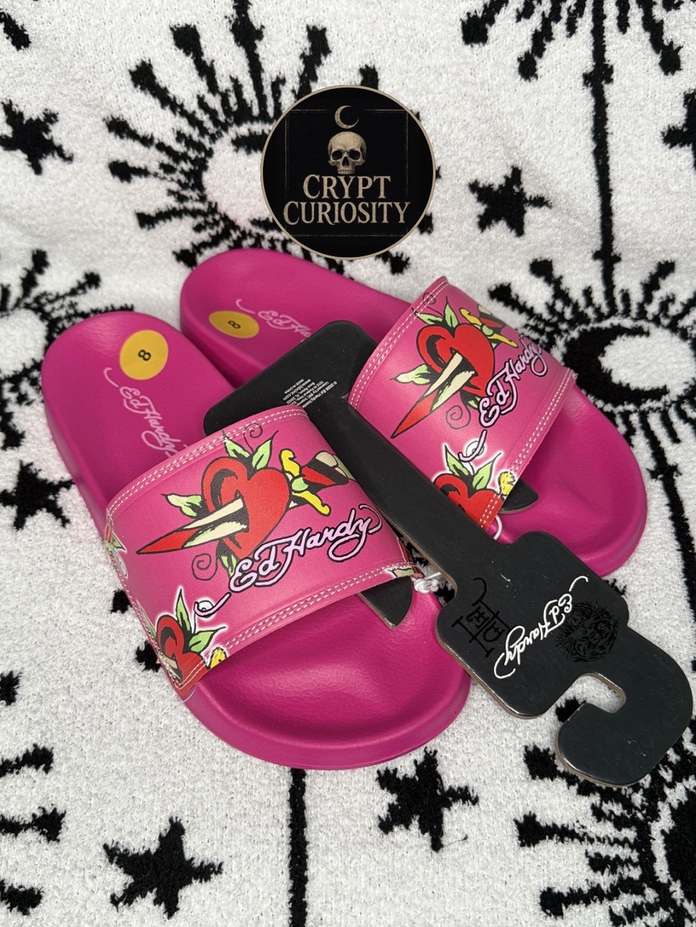 Ed Hardy Pink Heart Beach Sandal Flip Flop Slides US 8